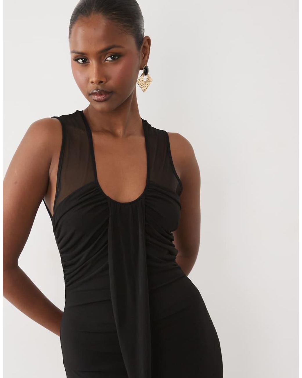 TFNC London Black Slinky Deep Scoop Neck Ruched Front Sleeveless Maxi Dress