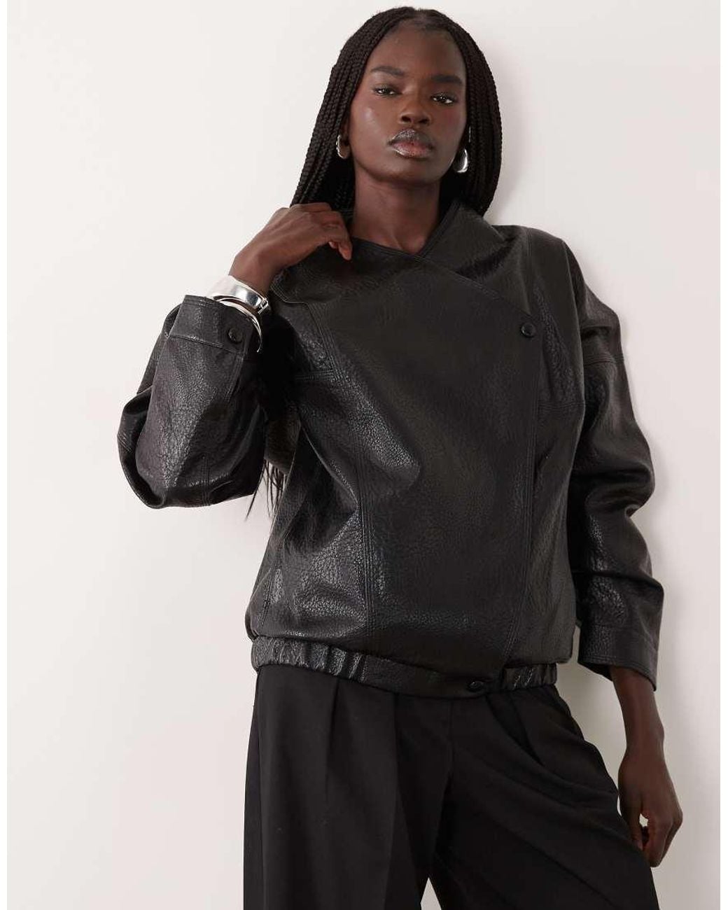 Jdy Gray Oversized V-Neck Faux Leather Jacket