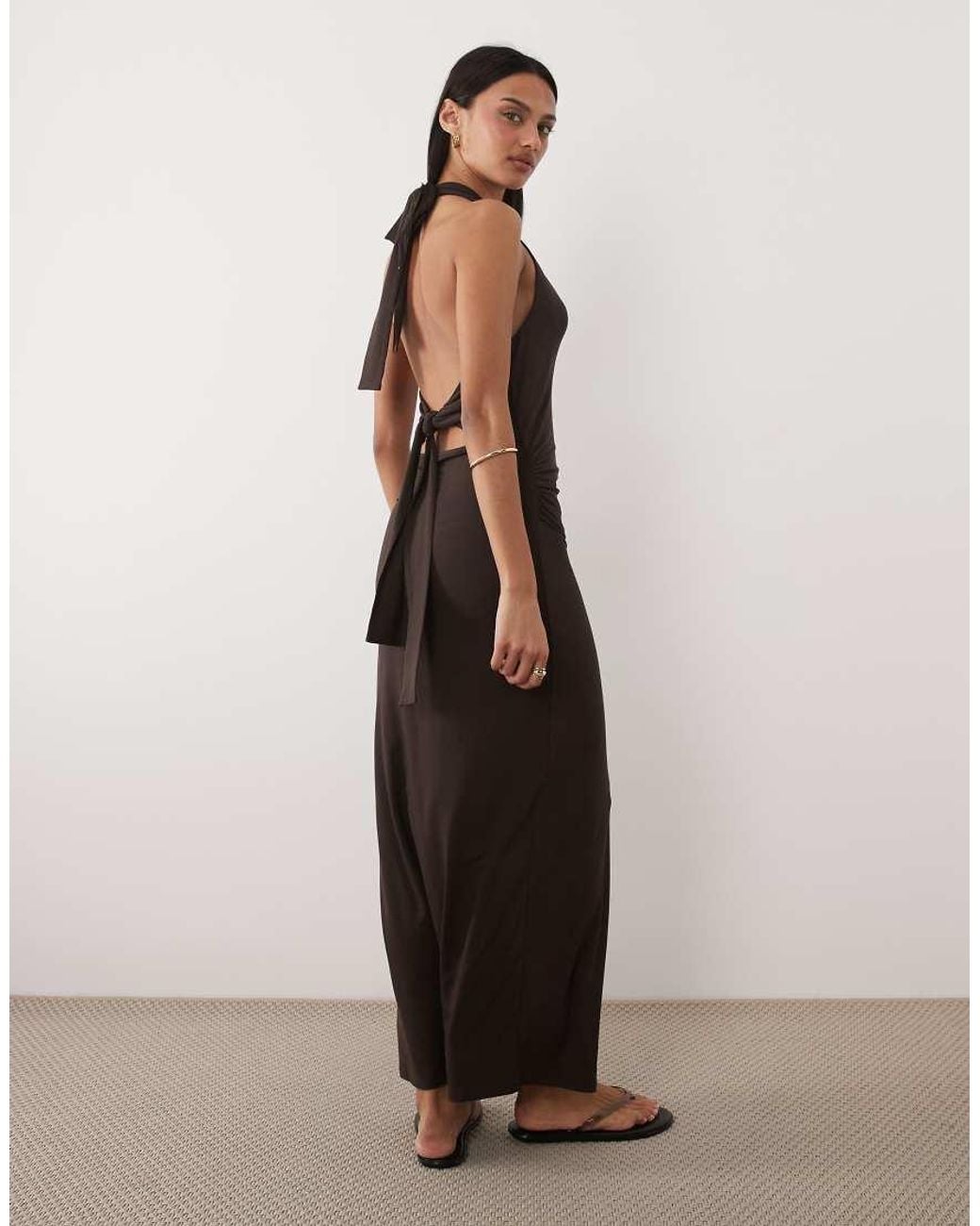 ASOS Brown Tie Back Halter Midi Dress
