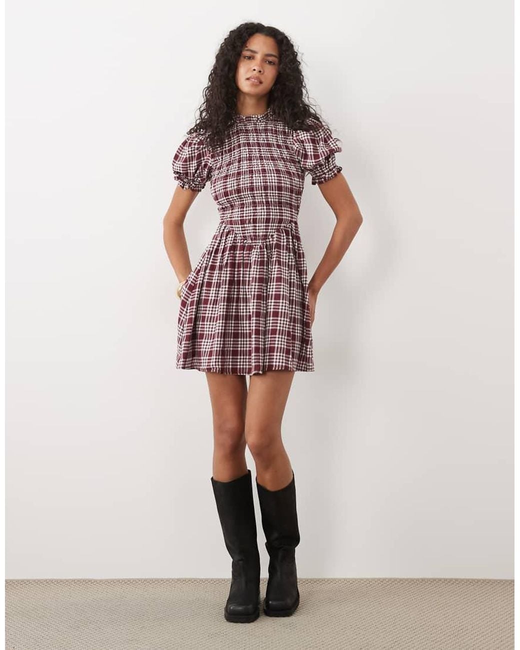 Miss Selfridge Brown Shirred Puff Sleeve Mini Dress