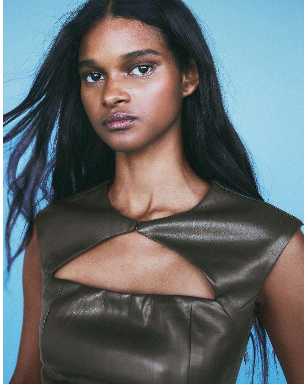 Bershka Blue Sleeveless Leather Effect Cut-out Top