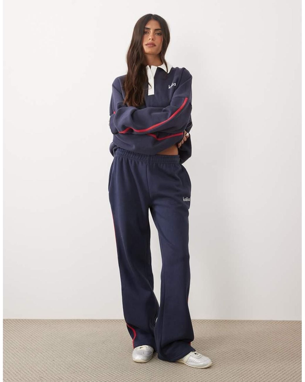 Kaiia Blue Cotton Rich Embroidered Logo Detail Side Stripe Wide Leg Joggers Co-Ord