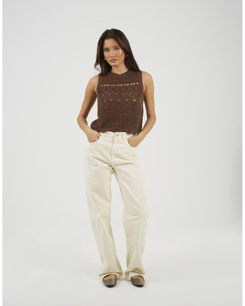 Brave Soul Brown Crew Neck Pointelle Knit Tank