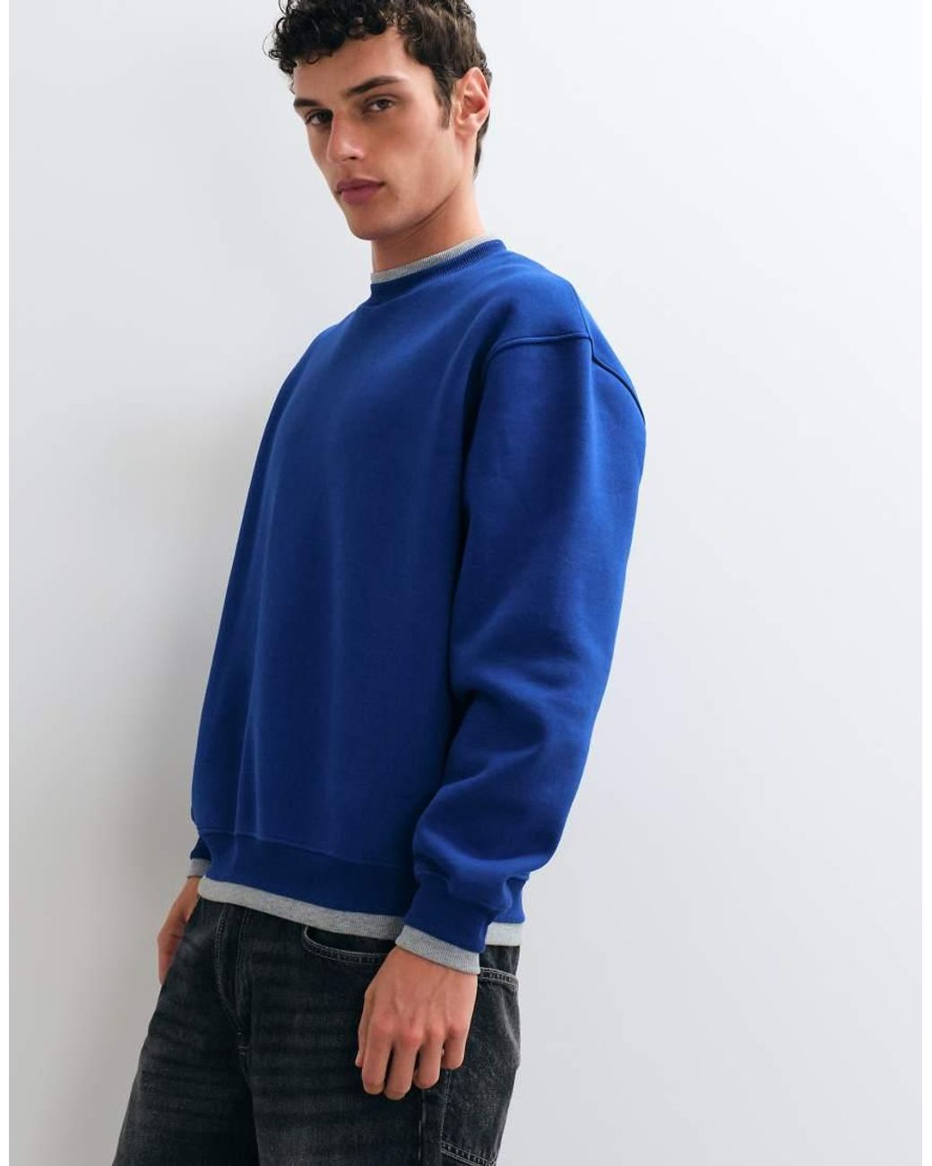 ASOS Blue Relaxed Crew Sweatshirt With Mock Layered Ribs for men