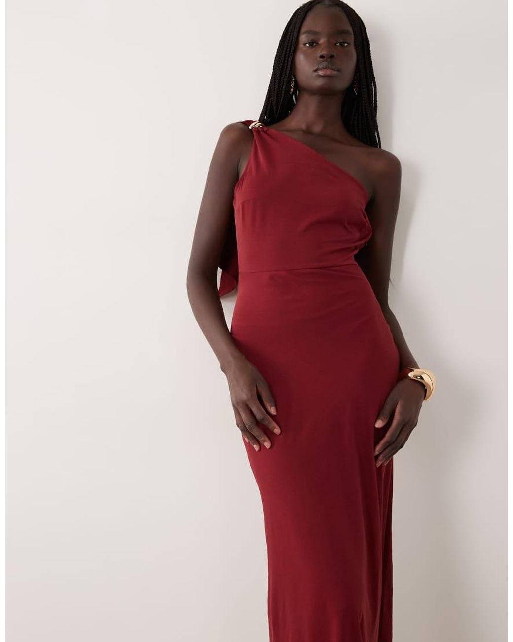Jdy Red One Shoulder Maxi Dress With Gold Trim
