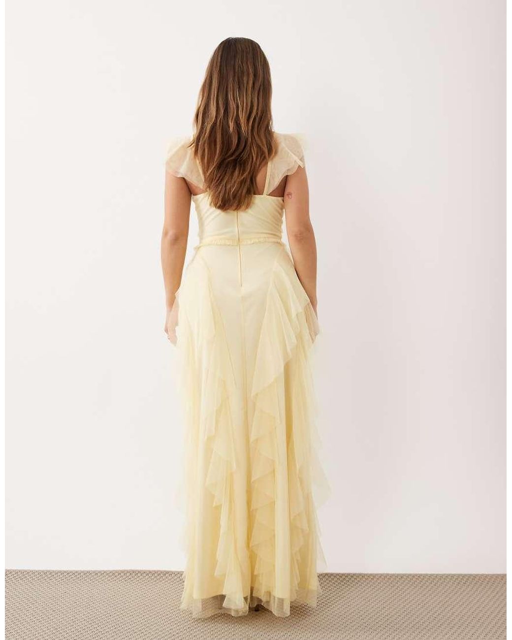 LACE & BEADS Natural Tulle Flutter Sleeve Ruffle Maxi Dress