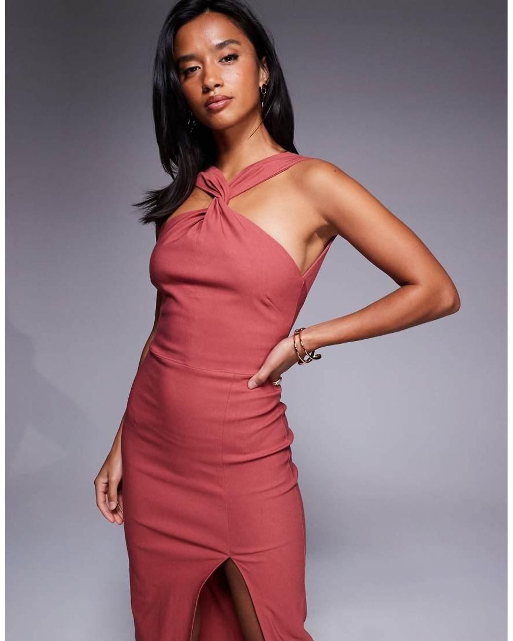 Vesper Petite Red Bengaline Twist Front Halter Neck Side Split Midaxi Dress