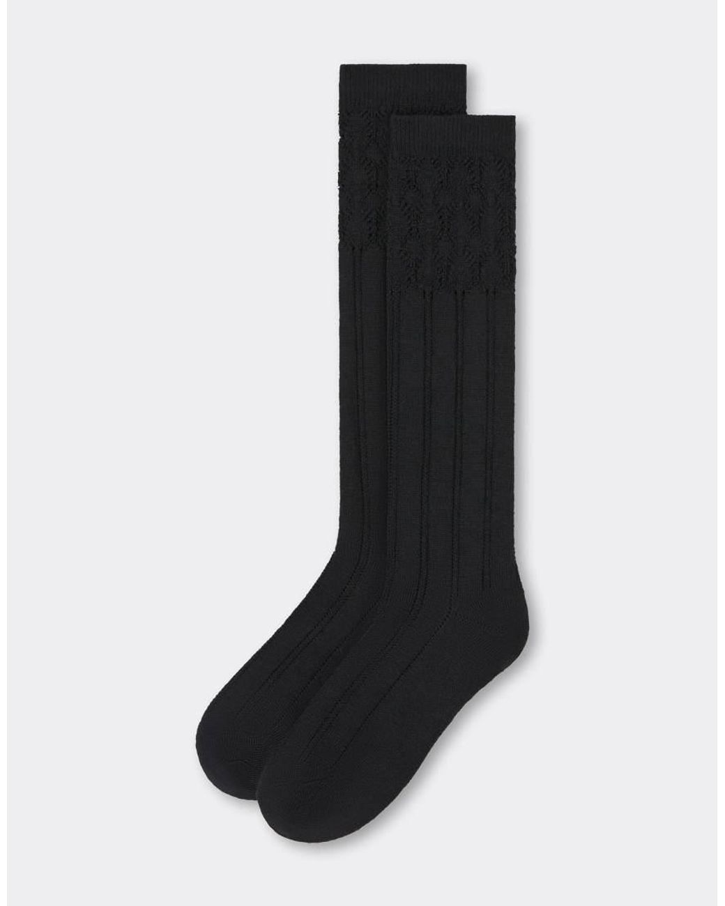Calzedonia Black Lace-Patterned Long Socks With Wool