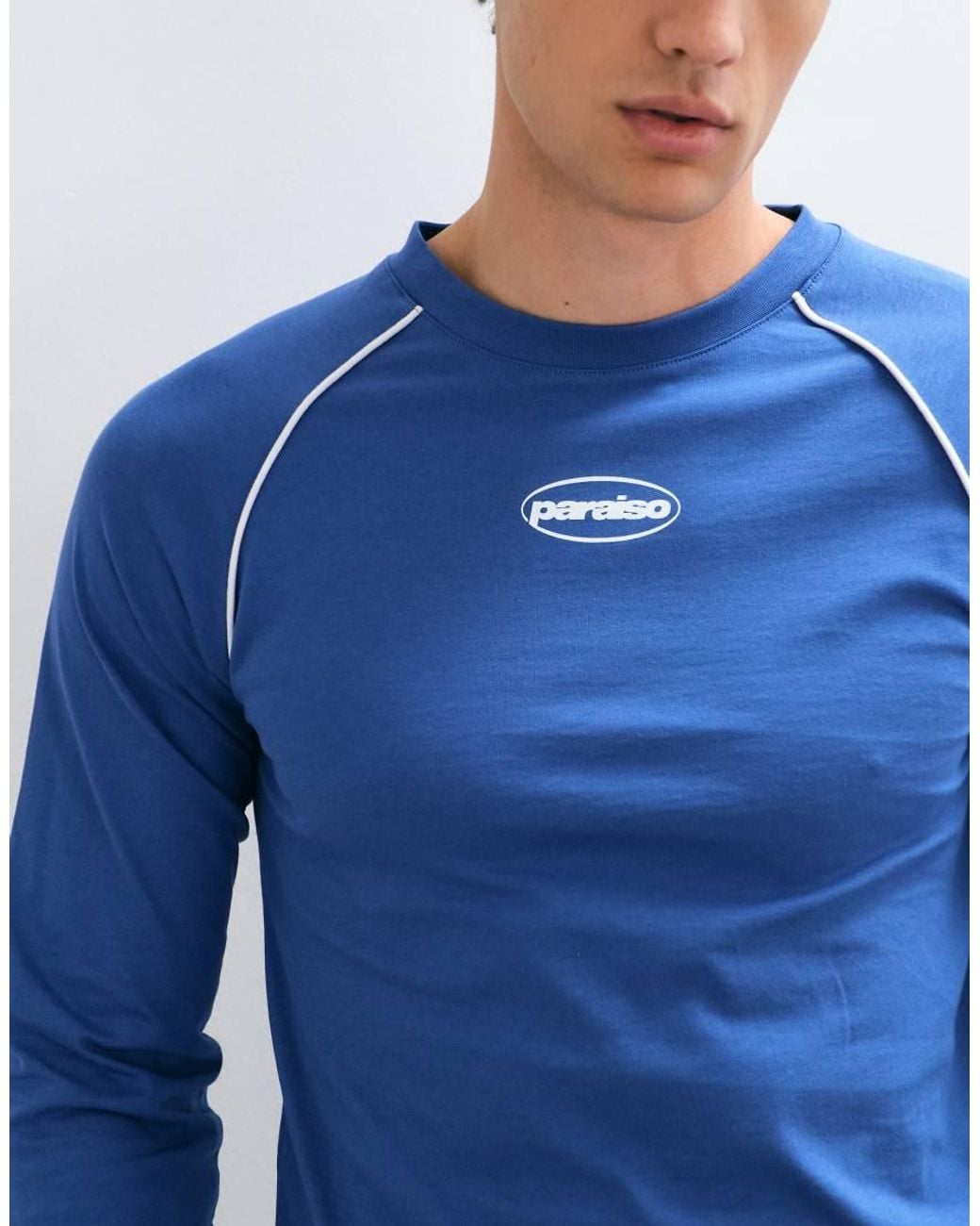 ASOS Blue Slim Fit Raglan Long Sleeve Top With Piping And Chest Logo Print for men