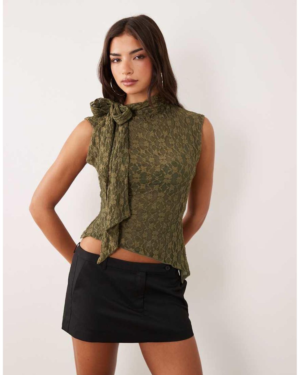 ASOS Green Sheer Lace Asymmetric Hem Tie Neck Top