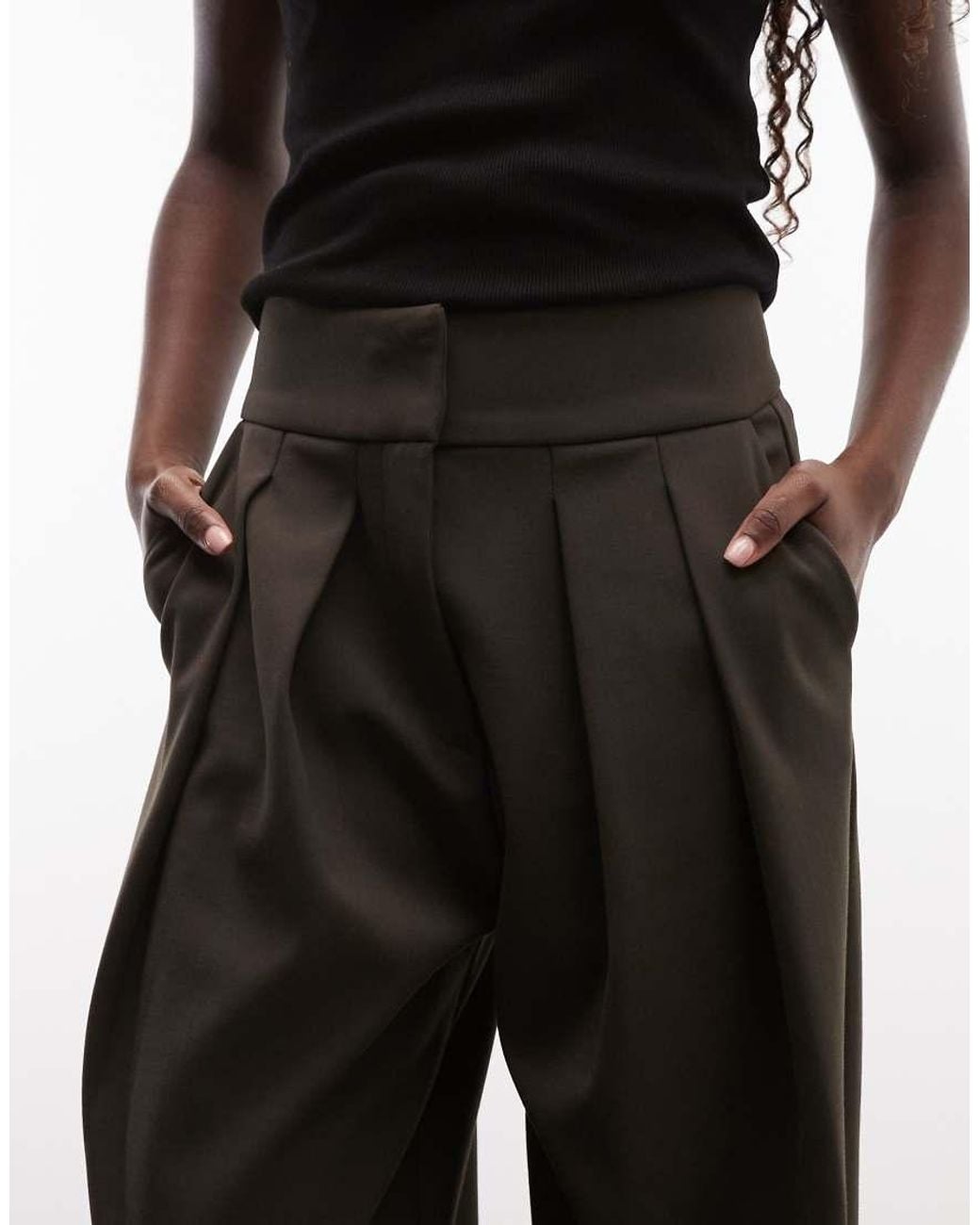 ASOS Gray Tailored Deep Waistband Barrel Trousers With Pleat Detail