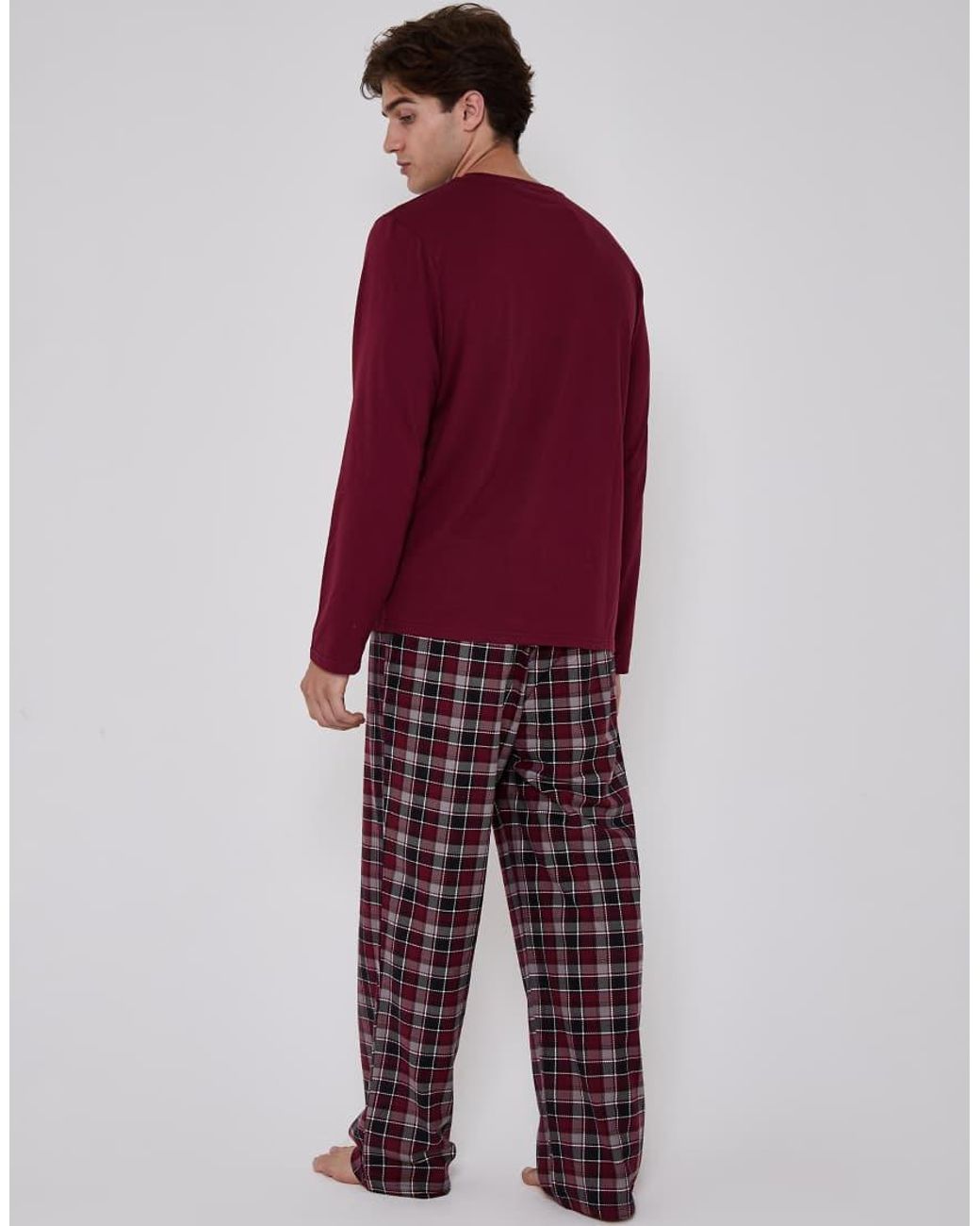 Loungeable Red Pyjamas Jersey Top With Micro Fleece Check Trousers Set for men