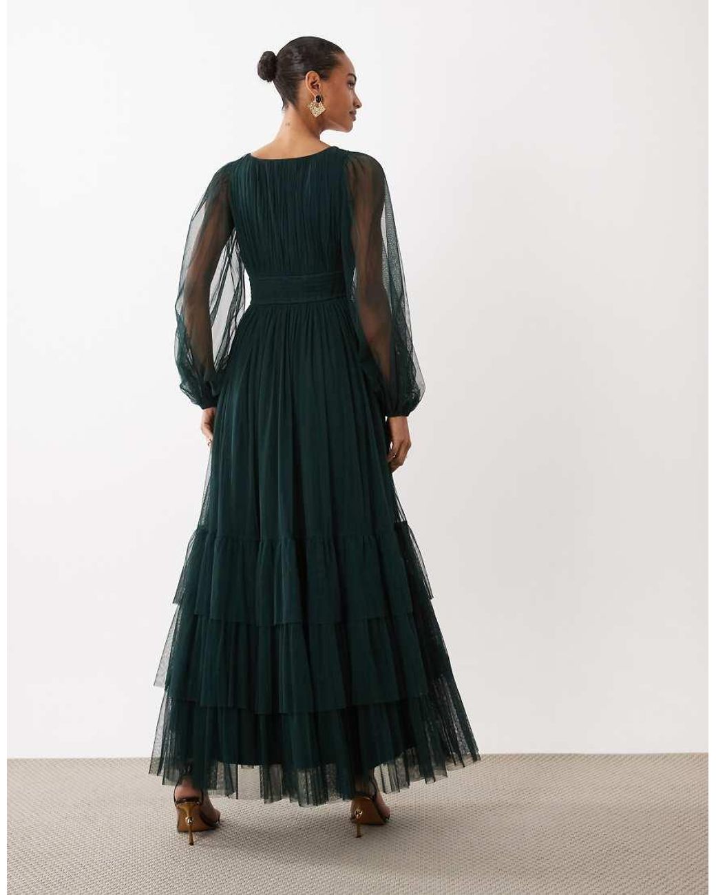LACE & BEADS Multicolor Bridesmaid Tulle Sheer Sleeve Plunge Neck Tiered Maxi Dress