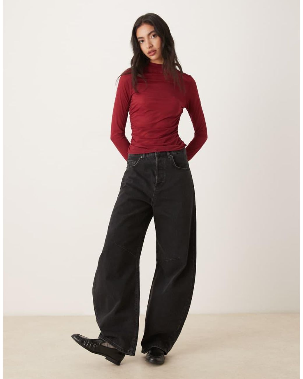 ASOS Red High Neck Mesh Semi Sheer Long Sleeve Top