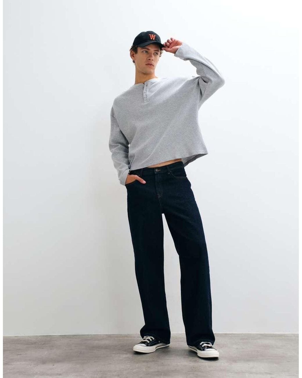 Cotton On Gray Relaxed Fot Textured Henley Long Sleeve for men