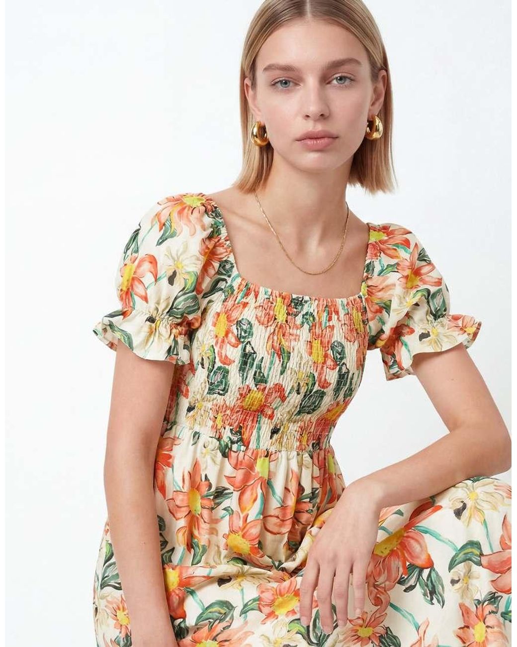 Lovedrobe Metallic Floral Print Short Sleeve Shirred Midaxi Dress