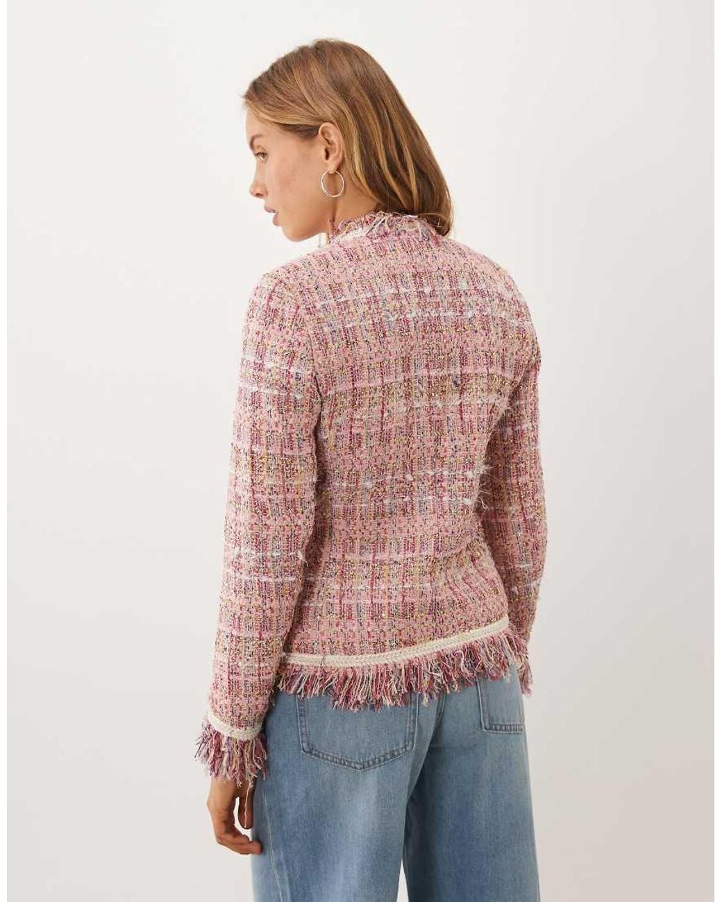 Sister Jane Pink Dream Solace Tweed Collarless Fringe Detail Jacket