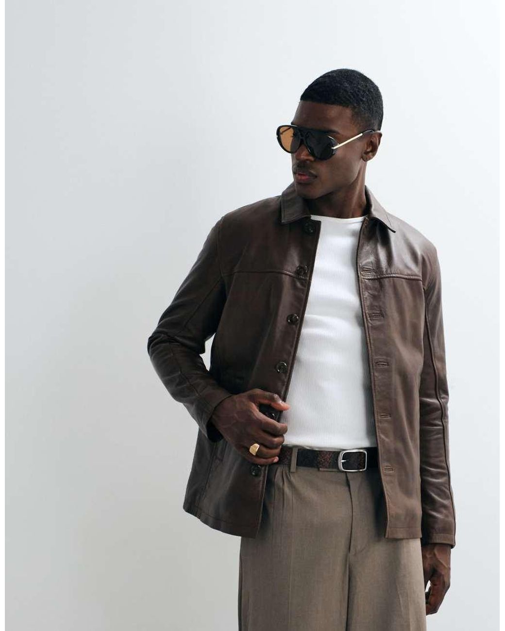 Barney's Originals Brown Real Leather Car Coat for men