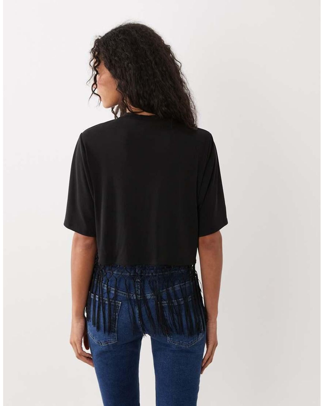 ASOS Black Premium Short Sleeve Crop Top With Lattice Fringing