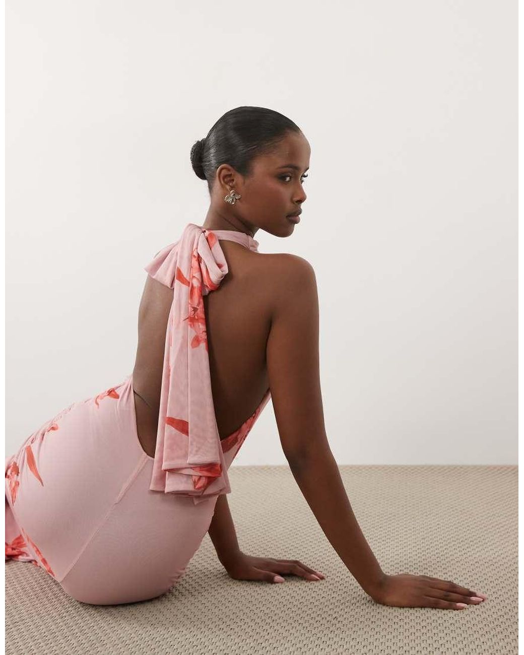 ASOS Pink Mesh Twist Bust Detail Halter Maxi Dress With Tie Back Neck