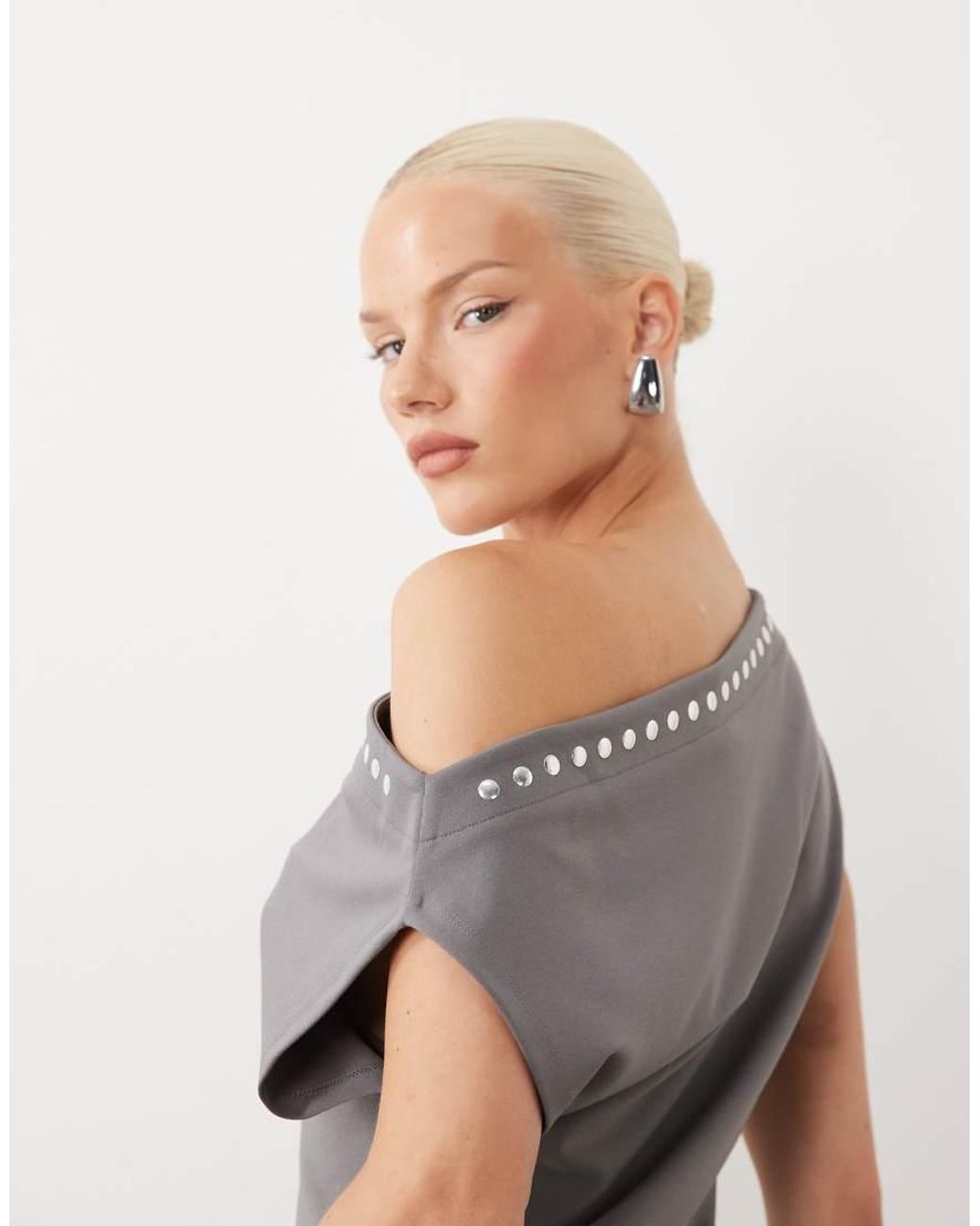 Gina Tricot Gray Off The Shoulder Short Sleeve Top With Studs
