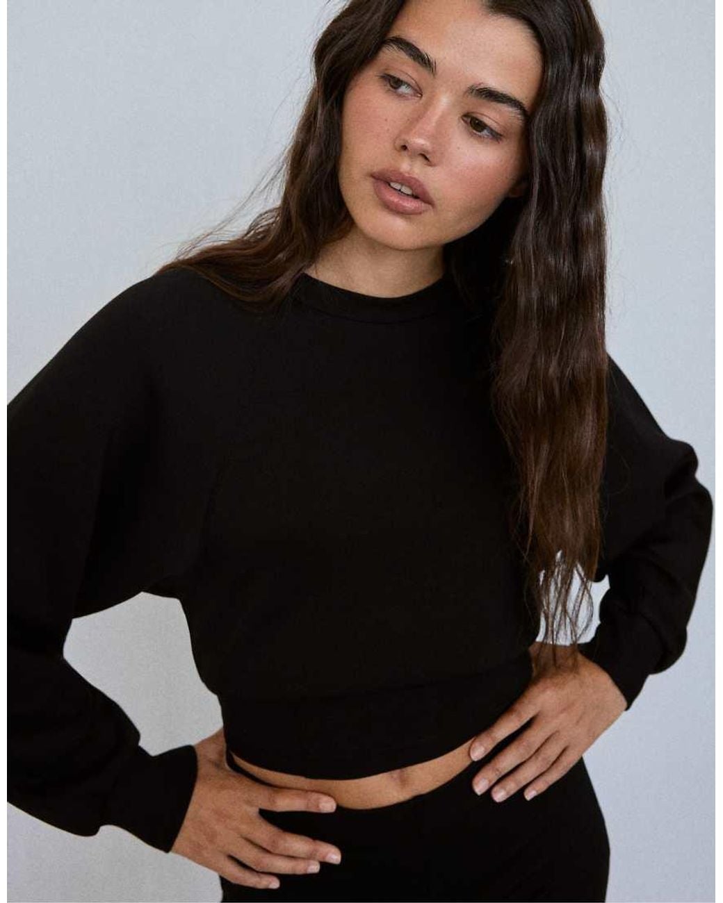 Stradivarius Black Soft-touch Fitted Waist Sweatshirt