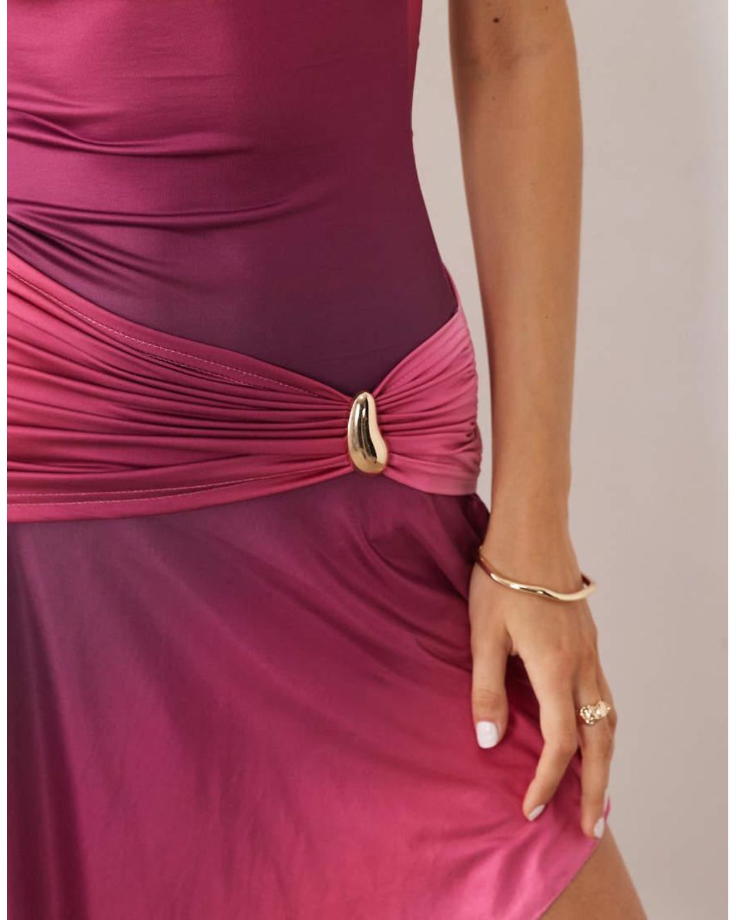 Murci Pink High Neck Gathered Waist Hardware Detail Maxi Dress