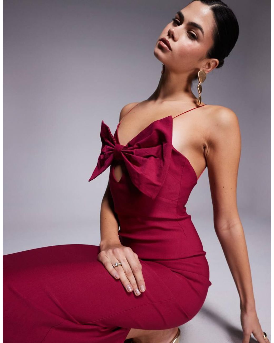 Vesper Red Cami Strap Bodycon Maxi Dress With Bow