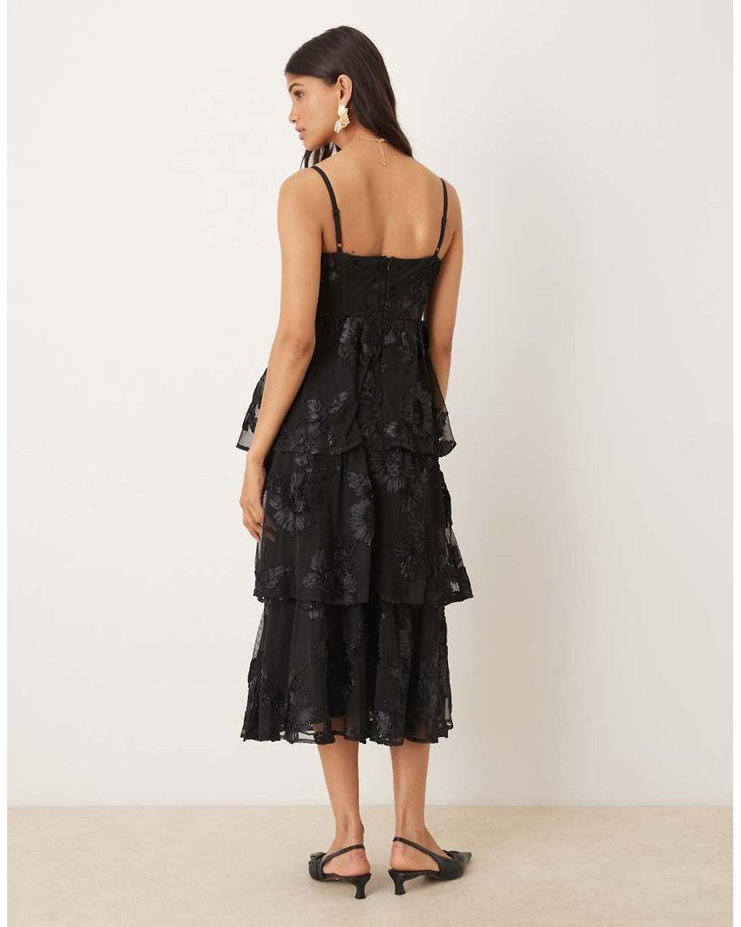 Maya Black Floral Tiered Cami Midi Dress