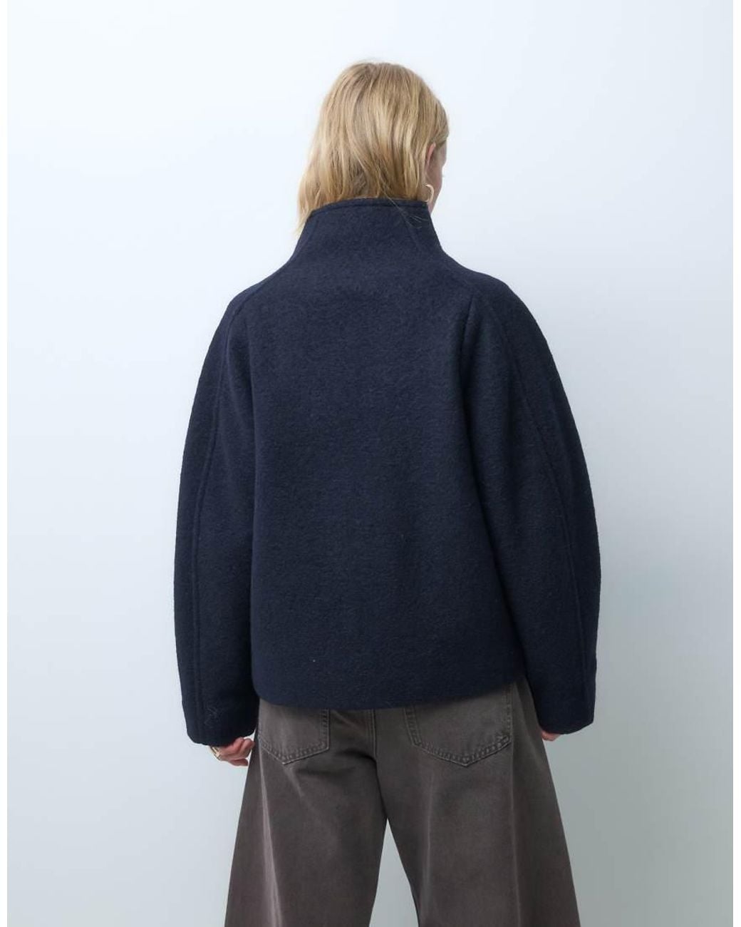 & Other Stories Blue Mock Funnel Neck Textured Wool Mix Short Jacket