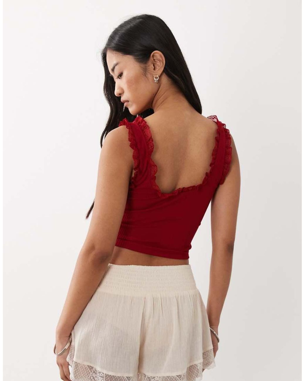 Miss Selfridge Red Ribbed Vest Top With Lace Detail