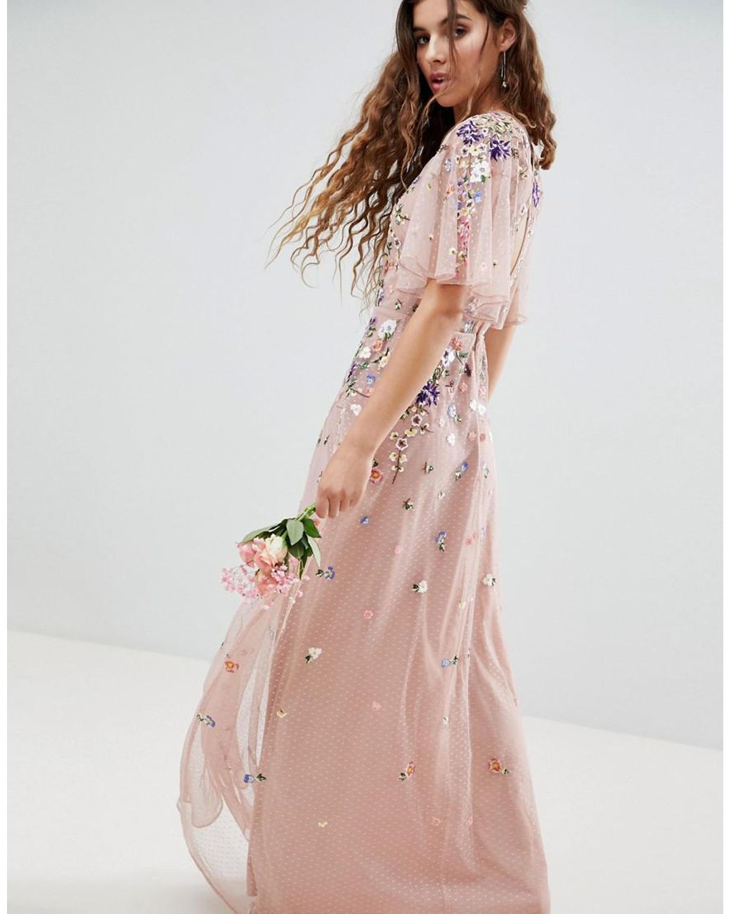 ASOS Floral Embroidered Dobby Mesh Flutter Sleeve Maxi Dress in Pink | Lyst
