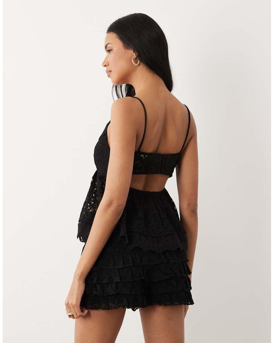 ASOS Black Lace Strappy Cami Top With Peplum Hem