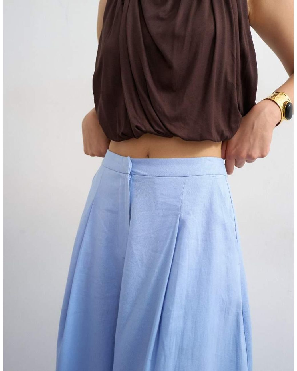 TOPSHOP Blue Linen A Line Wide Leg Trouser