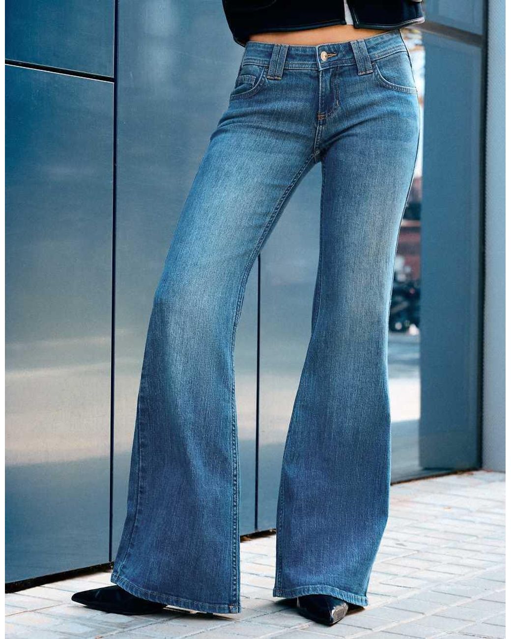 Bershka Blue Embroidered Low-rise Flared Jeans