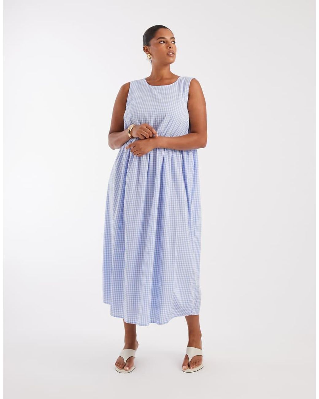 Pieces Plus Blue Pieces Curve Sleeveless Smocking Gingham Maxi Dress