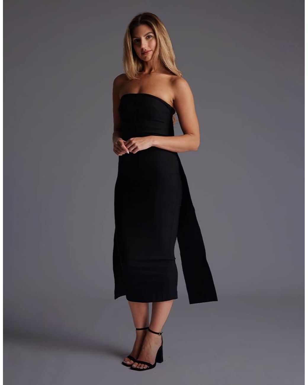 Vesper Black Strapless Drape Back Midaxi Dress