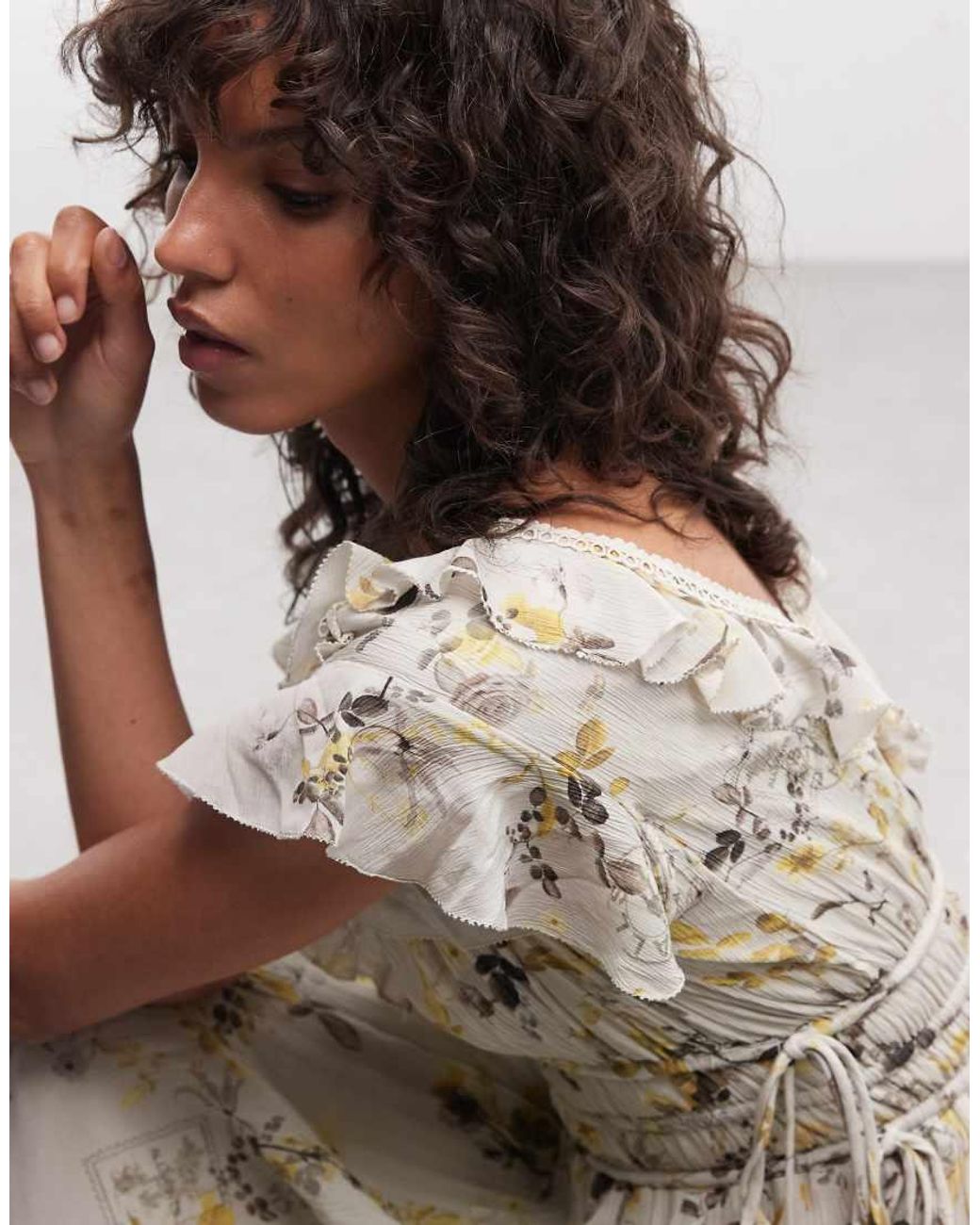 AllSaints Green Canto Ruffle Tiered Floral Midi Dress Pale