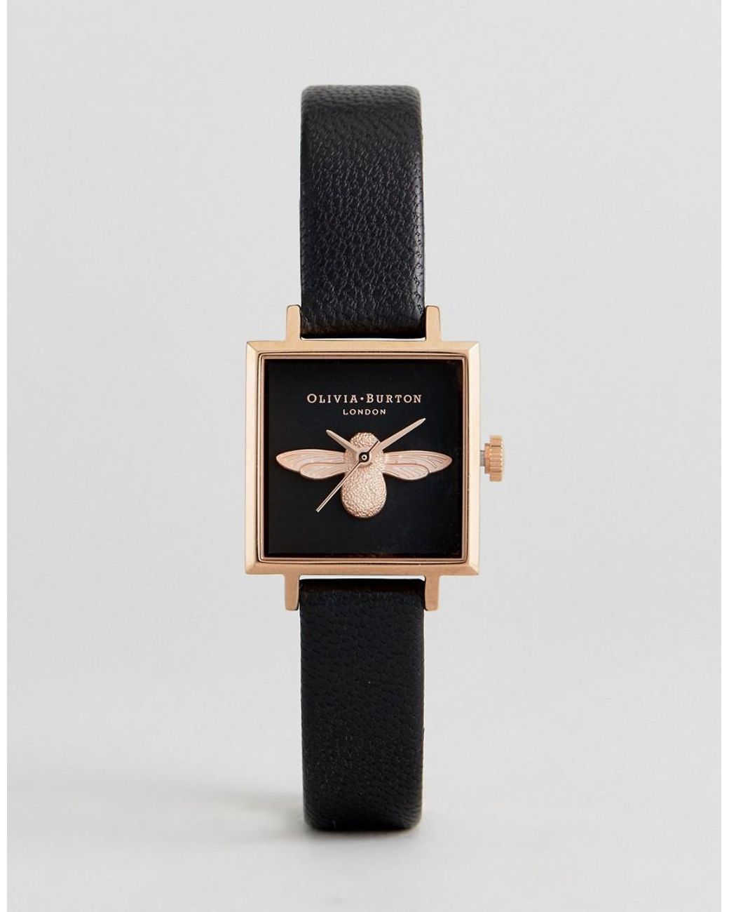 Olivia Burton Ob16am128 3d Bee Square Leather Watch In Black for