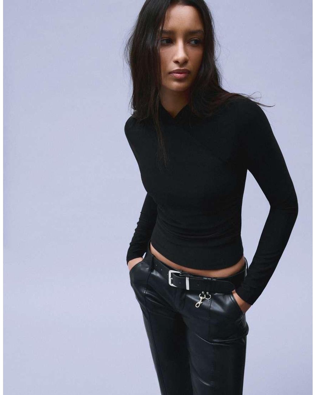 Bershka Blue Polyamide Draped Long Sleeve T-shirt