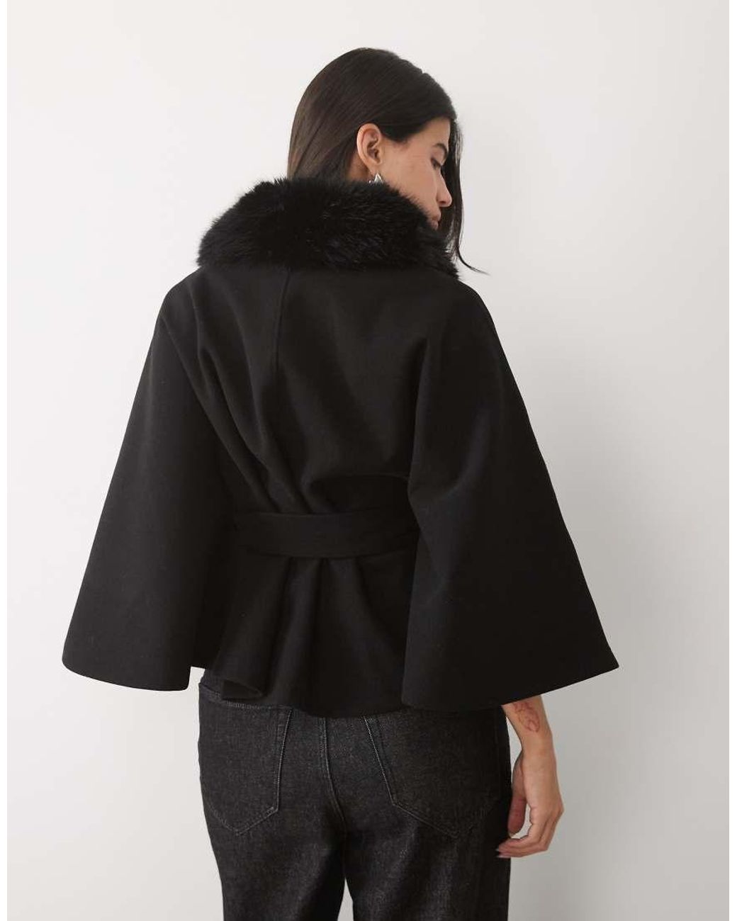 Gina Tricot Black Faux Fur Collar Cape With Belt