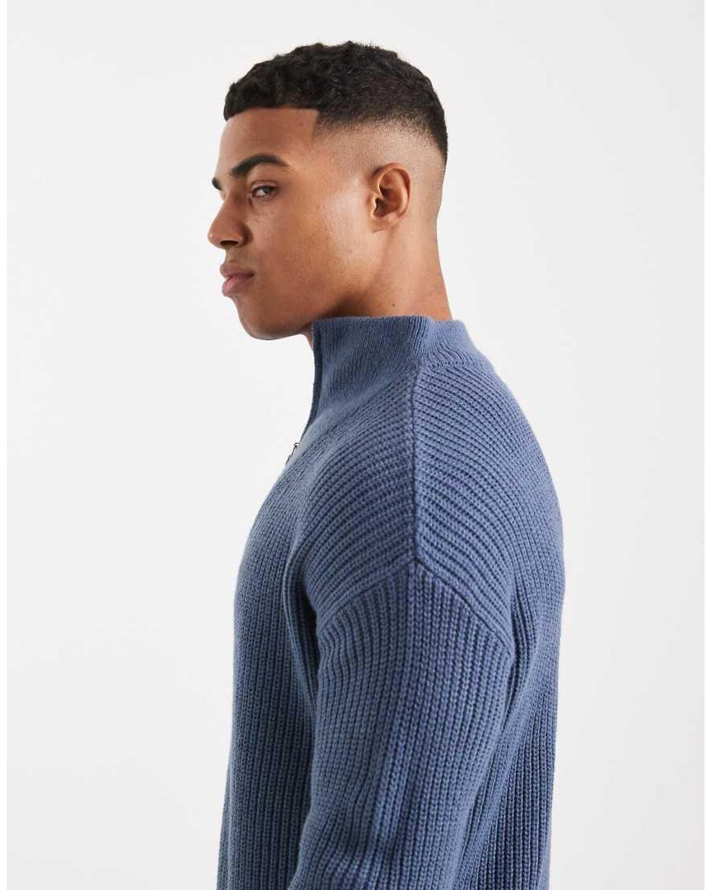 New Look Blue Fisherman Knit 1/4 Zip Jumper for men