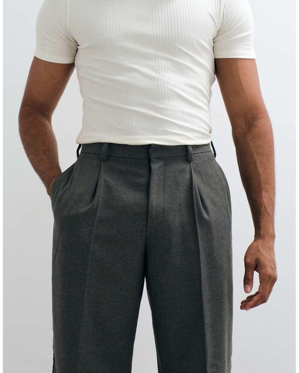 ASOS White Tailored Pleated Wide Leg Trousers With Wool for men