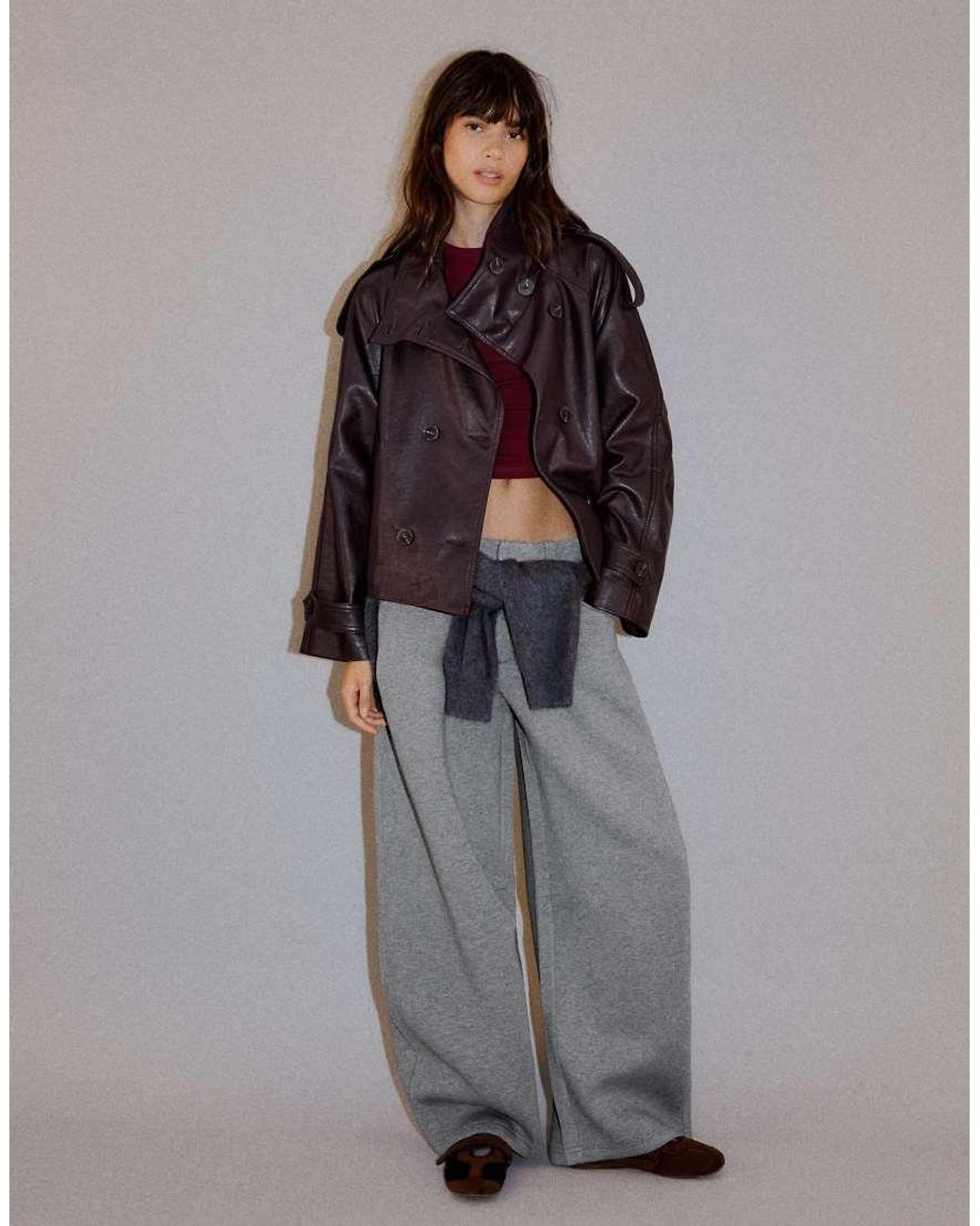 Bershka Red Short Leather Effect Trench Coat