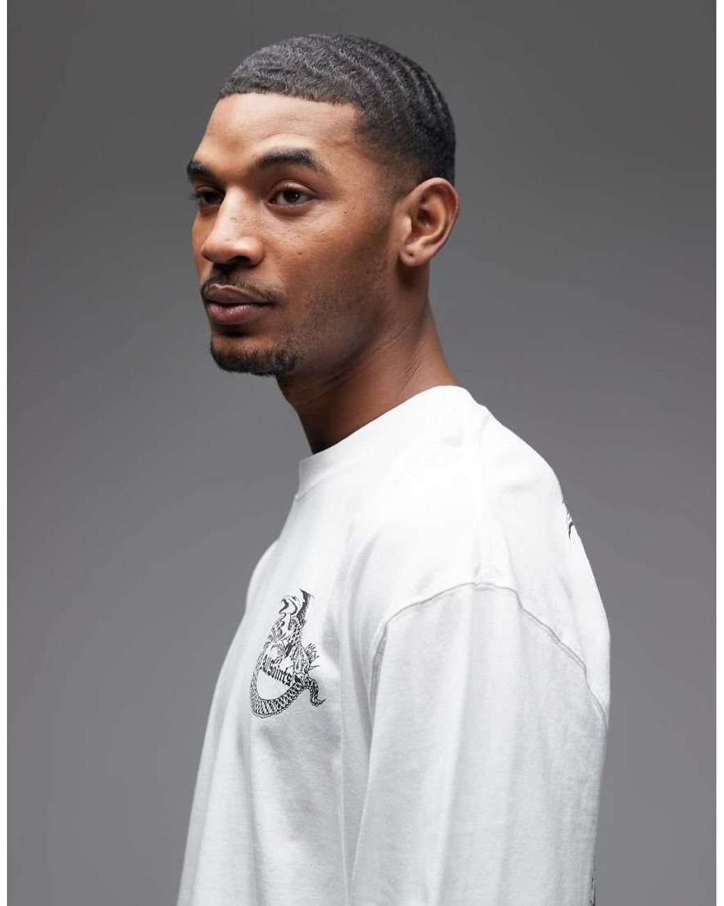 AllSaints Gray Terra Long Sleeve Graphic Logo T-shirt With Back Print for men