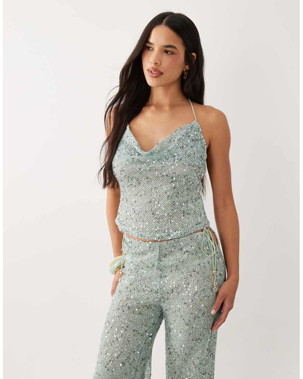 Kulani Kinis Green Sea Spritz Crochet Sequin Halterneck Top