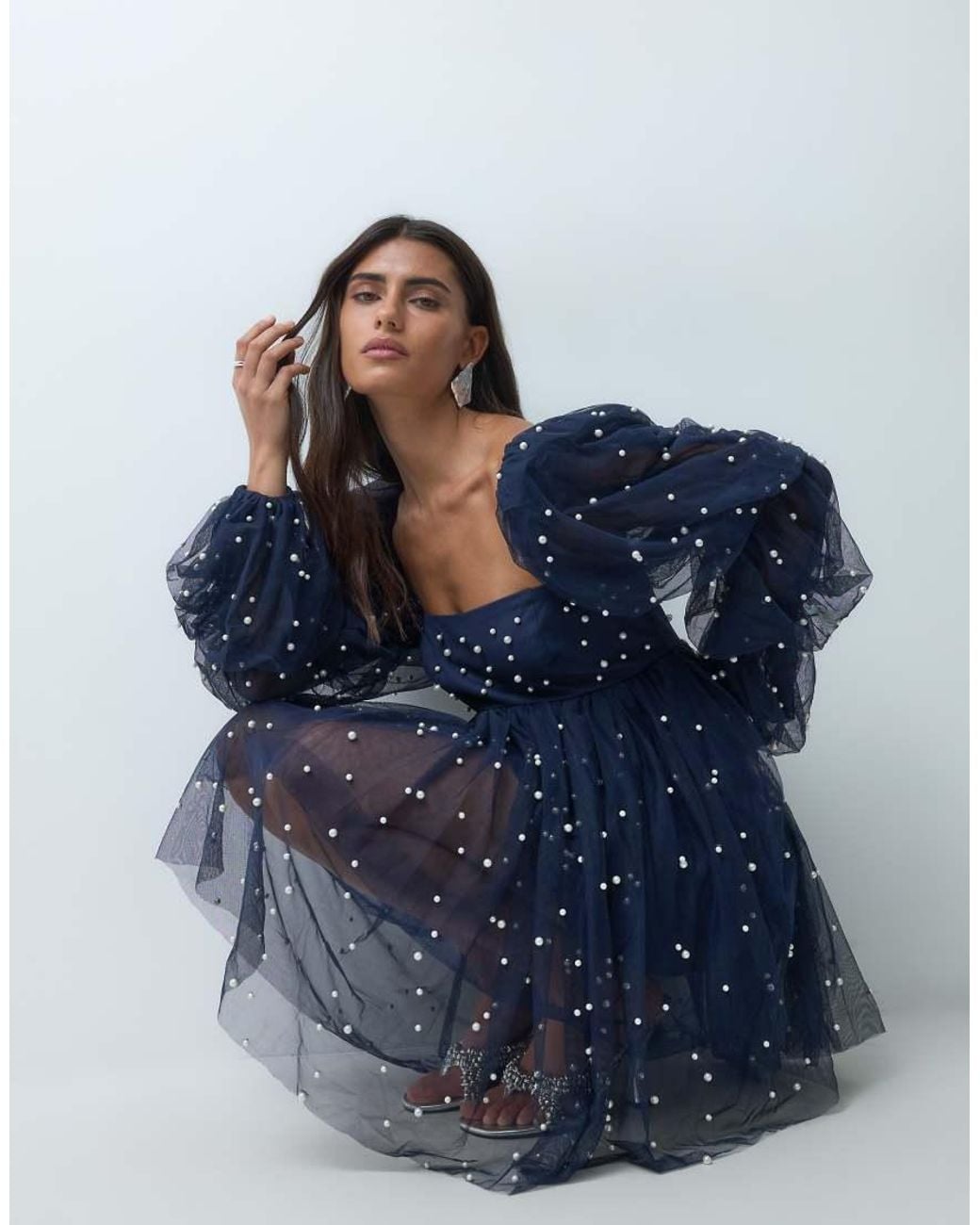ASOS Blue Tulle Baby Doll Dress With Pearl Embellishment