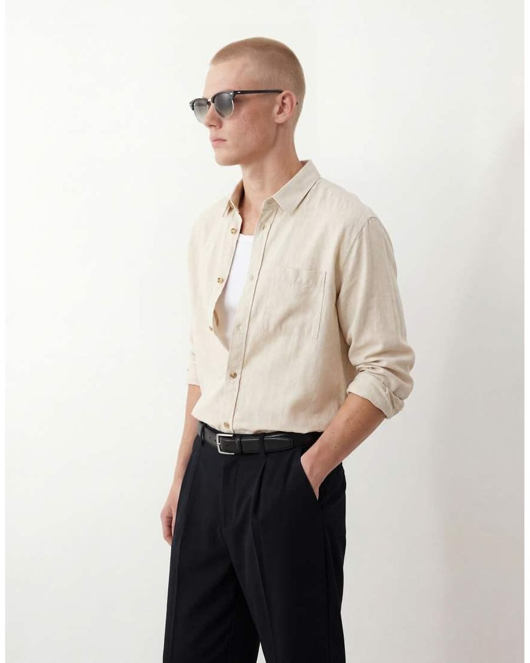 ASOS Natural Relaxed Linen Blend Shirt for men