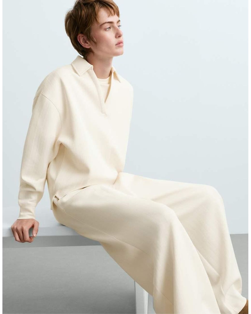 Oysho White Striped Cotton Piqué Wide-Leg Trousers