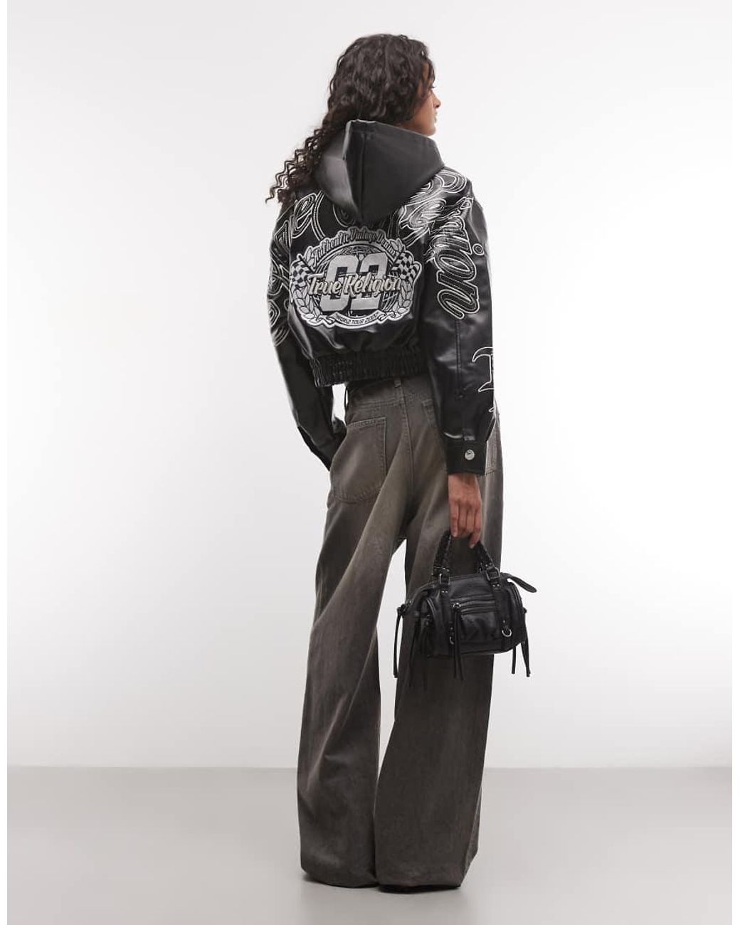 True Religion Gray Embroidered Back Graphic Faux Leather Hooded Jacket